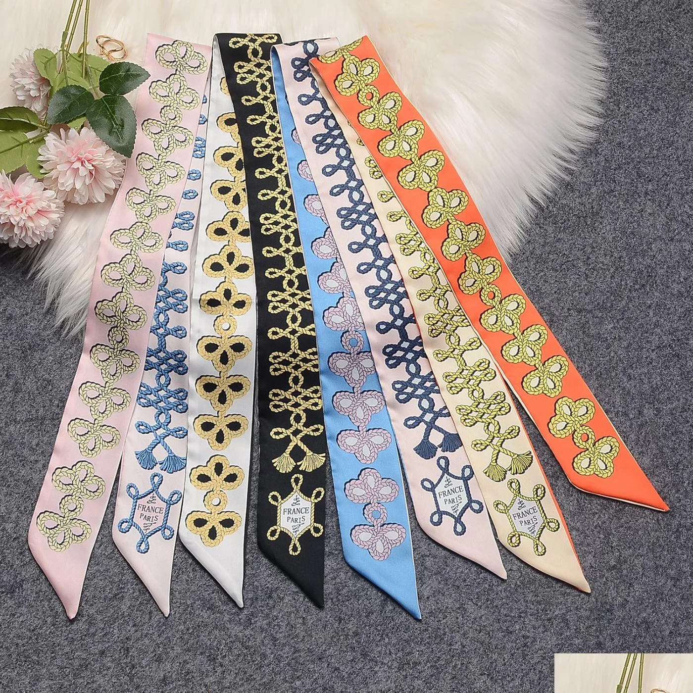 french retro silk scarf women buttons four-color small ribbons silk scarves headbands streamers rectangular scarves headbands 