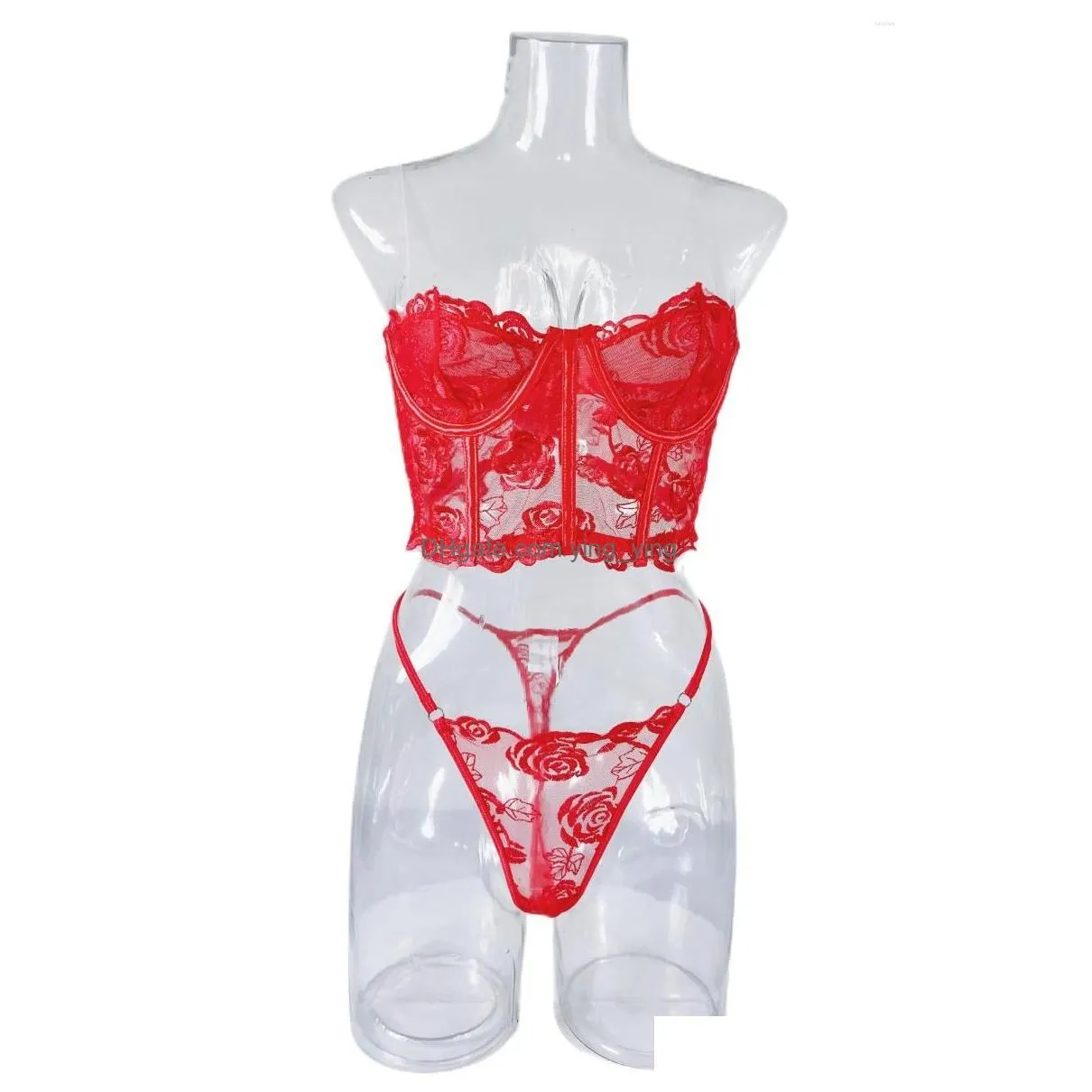 bras sets chuangerm fashion lingerie set woman 2 pieces sexy underwear uncensored transparent bilizna floral red off shoulder intimate