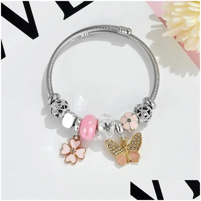 Charm Bracelets Gold Color Stainless Steel Bangle Diy Cute Crystal Clover Beads For Women Girls Lovely Accessories Gifts Friends