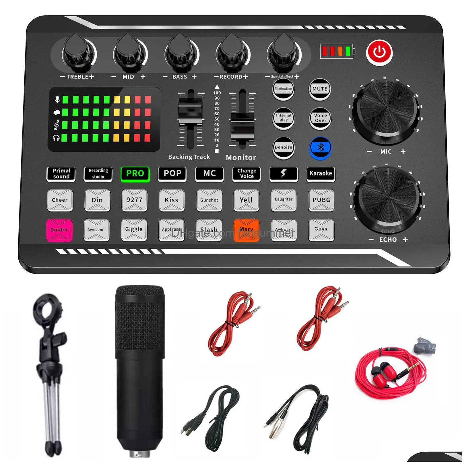 Microphones Podcast Microphone Sound Card Kit Professional Studio Condenser Mic F998 Live Mixer For Livestreaming Podcasting Recordin Dhdgn