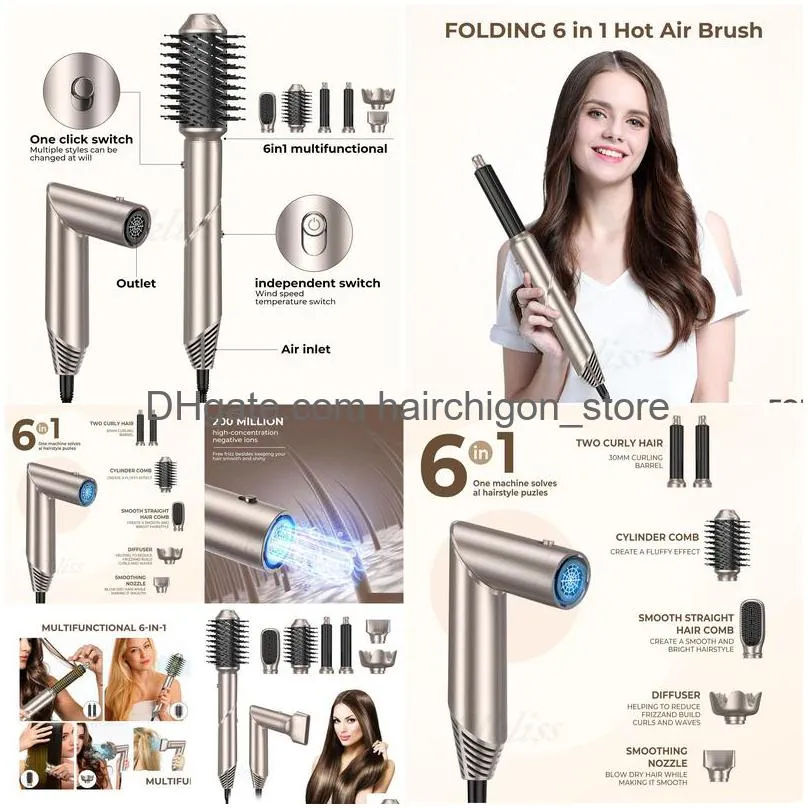 hair dryers folding 6 in 1 dryer brush negative ionic blower salon blow air curler wand ceramic curling iron styler 230904