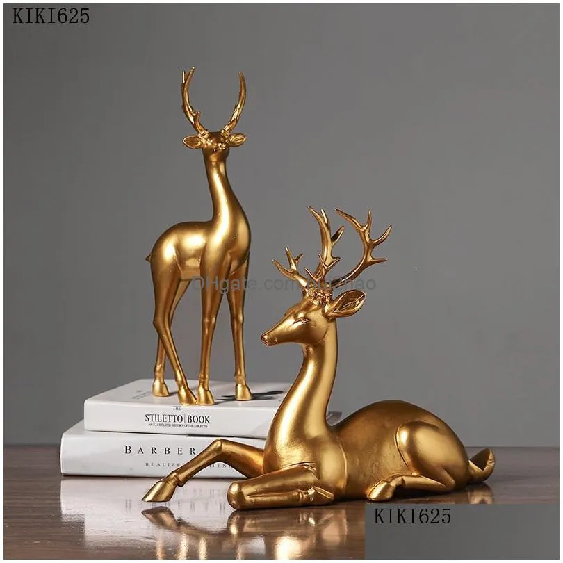 decorative objects figurines luxury golden elk figurine creative resin animal statue crafts decor living room bookcase deer wine rack home decoration gifts