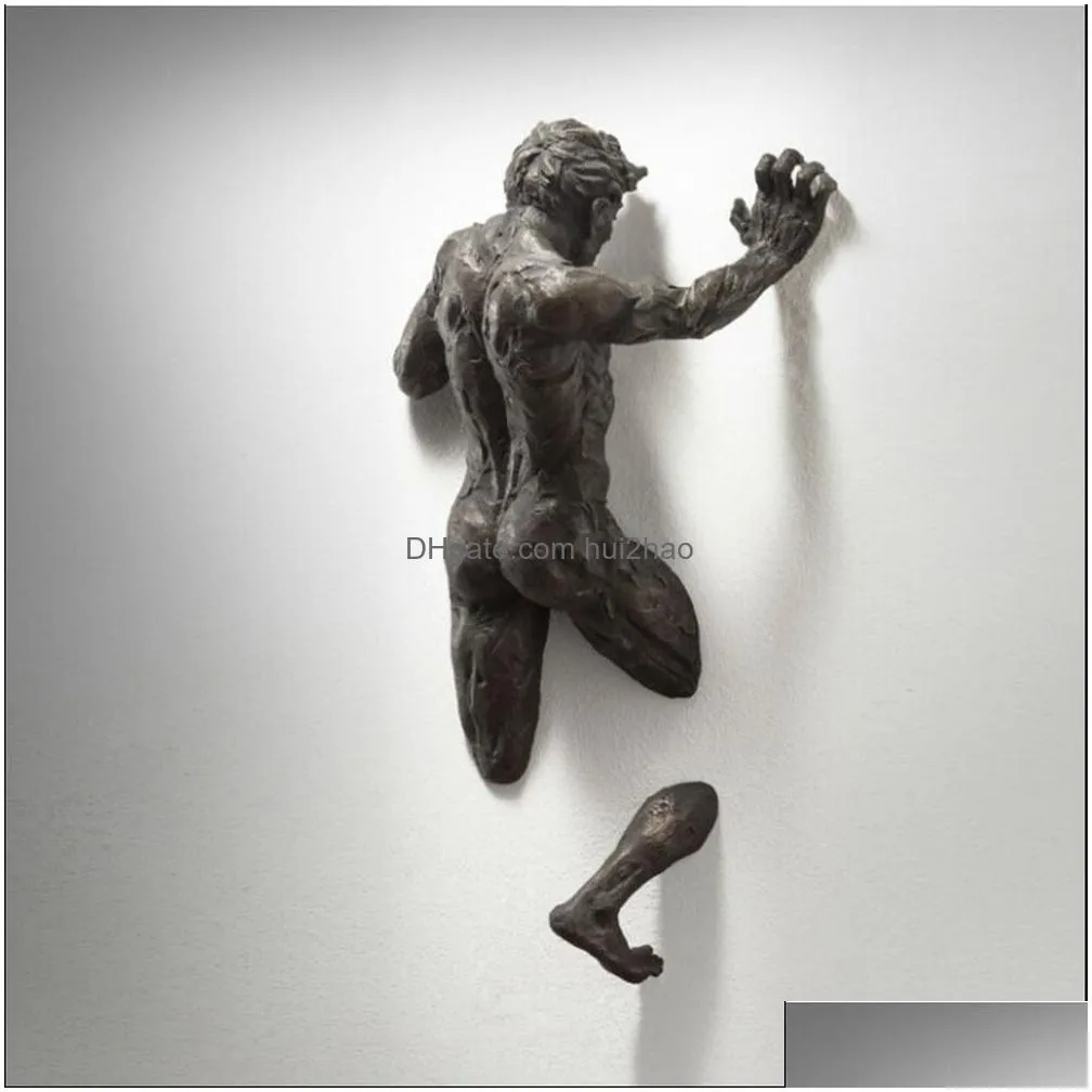 decorative objects figurines 3d through wall figure sculpture resin electroplating imitation copper abstract living room decoration el indoor home decor
