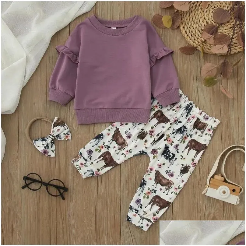 Clothing Sets Toddler Girls Long Sleeve Ruffles T Shirt Plover Tops Cartoon Cow Prints Pants Little Outfits Blanket Wrap Set Drop Del Dhnaa