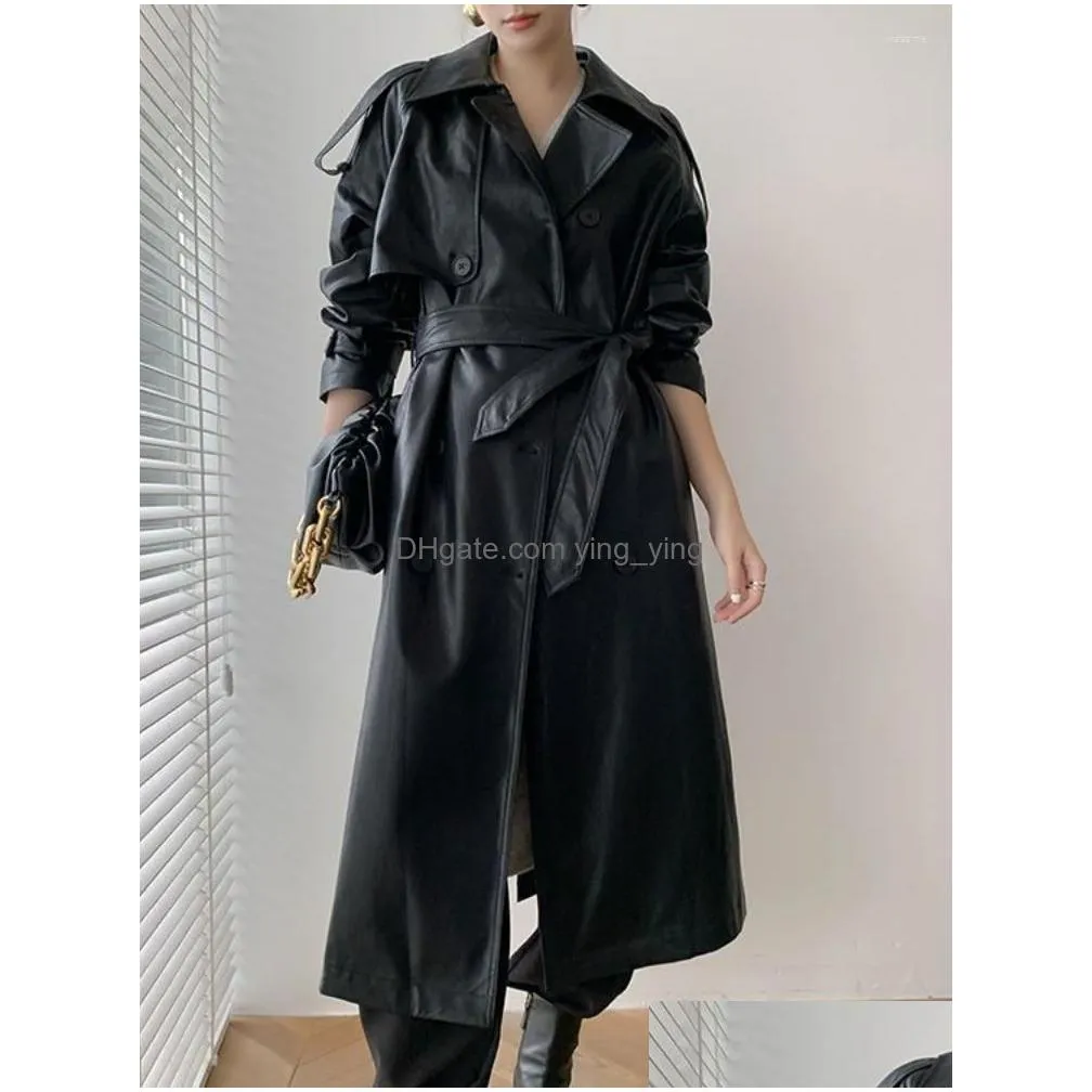 womens trench coats long for women fashion retro motorcycle black leather jacket adjustable waist 2023 autumn/winter windbreaker