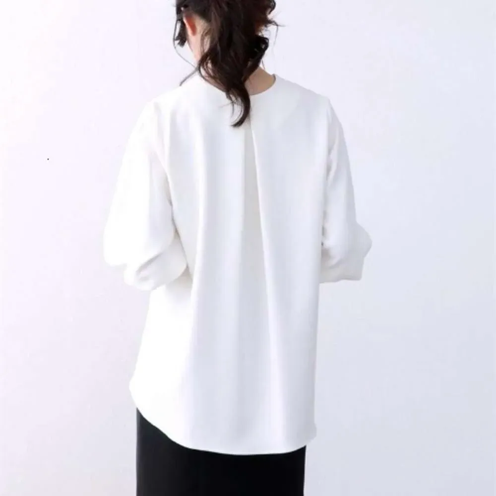 New Lantern Sleeves Japanese And Korean Temperament Loose Blouse Solid Small V-Neck Beaded Long Sleeve Pullover Top For Women
