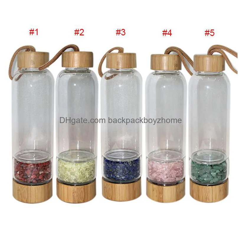 Water Bottles Portable Natural Crystal Glass Cup Gravel Energy Water Bottles Bamboo Er Kettle Outdoor Sports Cups Drop Delivery Home G Dhmx9