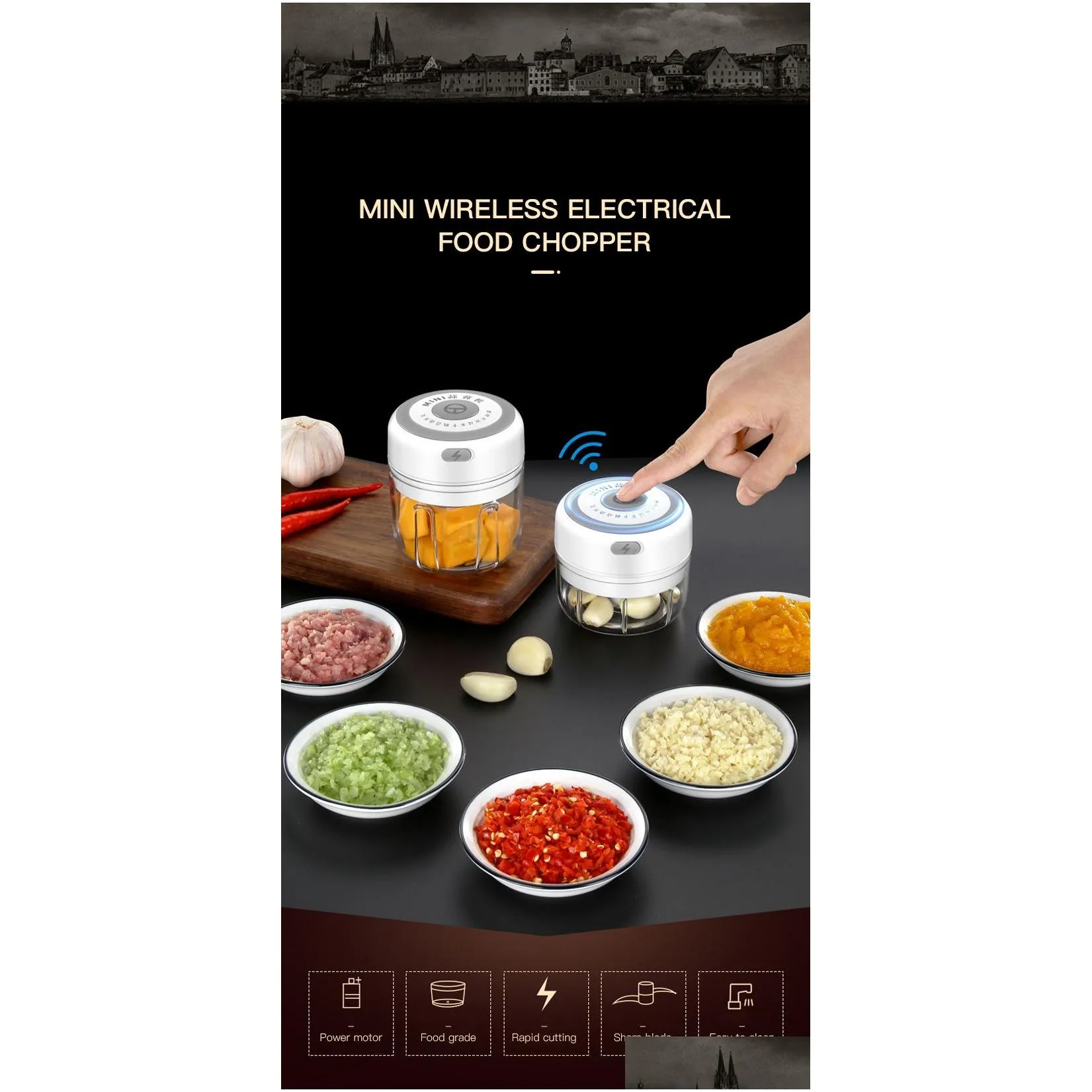 Other Kitchen, Dining & Bar Portable Wireless Electric Garlic Grinder Mini Food Processor 100Ml/250Ml Chopper Mtifunctional Meat Chili Dhcyz