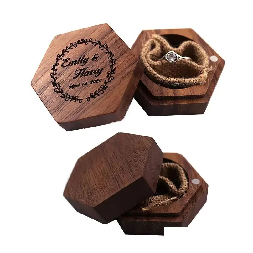 Gift Wrap Black Walnut Wood Ring Boxes Gift Wrap Diy Carving Handmade Jewelry Box Necklace Earrings Storage Wedding Supplies Asfd Drop Dhw3N