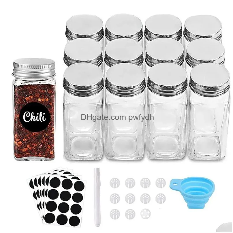 kitchen gadgets spice jars herb spice tools organizer 120ml 4 oz square glass spice jars with lids seasoning storage bottles