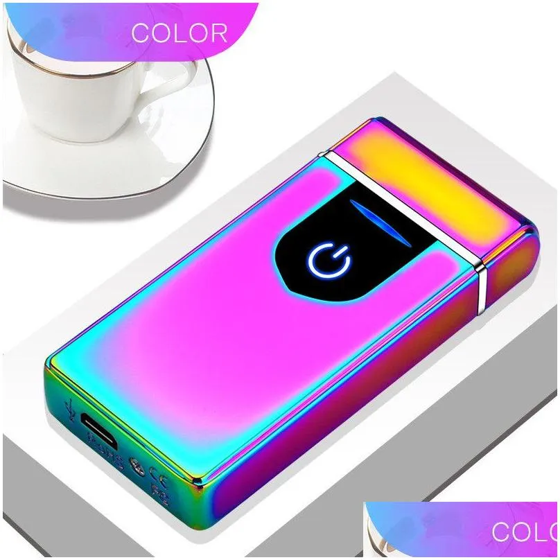 Lighters Windproof Usb Electric Lighter Metal Finger Print Touch Fire Plasma Dual Arc Led Power Display Smoking Supply Mens Gift Drop Otytp