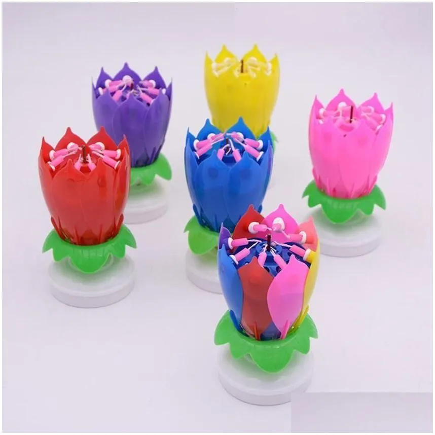 Candles Musical Birthday Cake Candle Lotus Flower Floral Rotating Sparkling Candles Accessory Gift Wholesale Drop Delivery Home Garden Dhgim