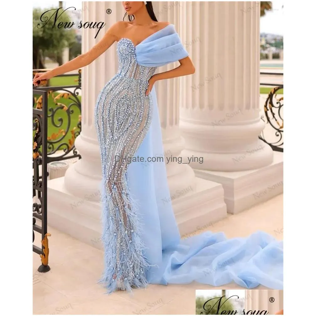 party dresses sky blue for weddings pearls beaded arabic celebrity dress 2023 designer dubai feathers women evening robes