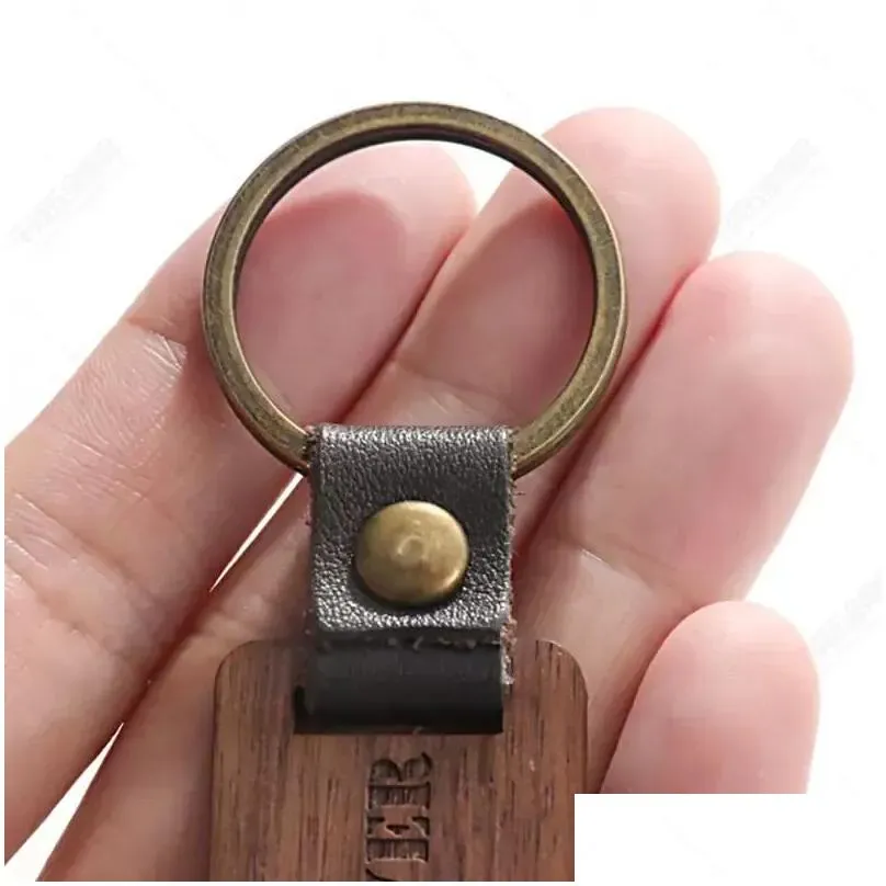 Party Favor Personalized Leather Keychain Pendant Beech Wood Carving Keychains Lage Decoration Key Ring Diy Thanksgiving Holiday Drop Dhvxh