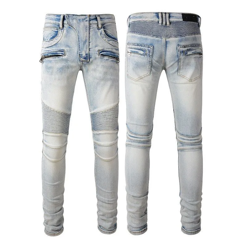 White Jeans No Rips Skinny Designer Jeans for Men Ripped Mens Pants with Holes Denim Man Straight Leg Slim Fit Zipper Hole Fashion Long Hip Hop Rock Biker Distress