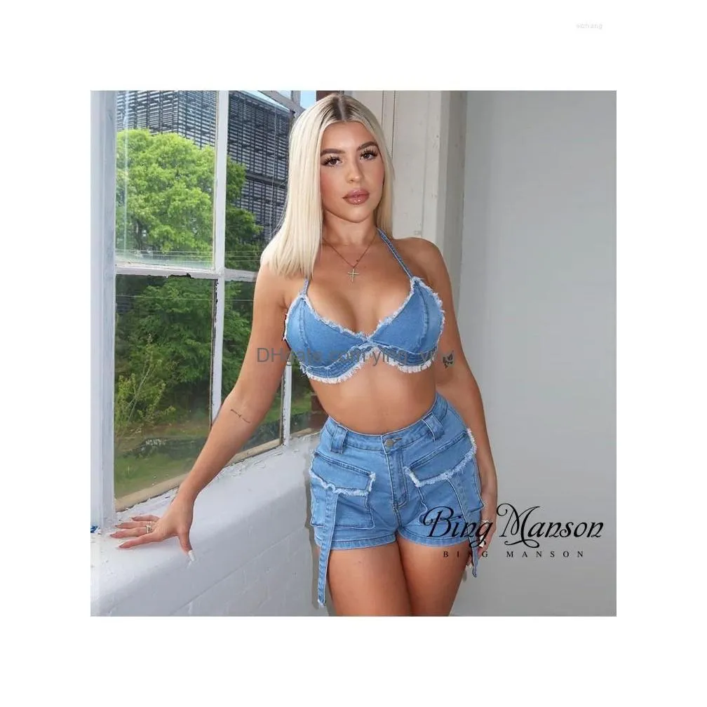 womens shorts summer fashion two piece set denim lace up cut top and tassel pocket cargo sexy club street apparel