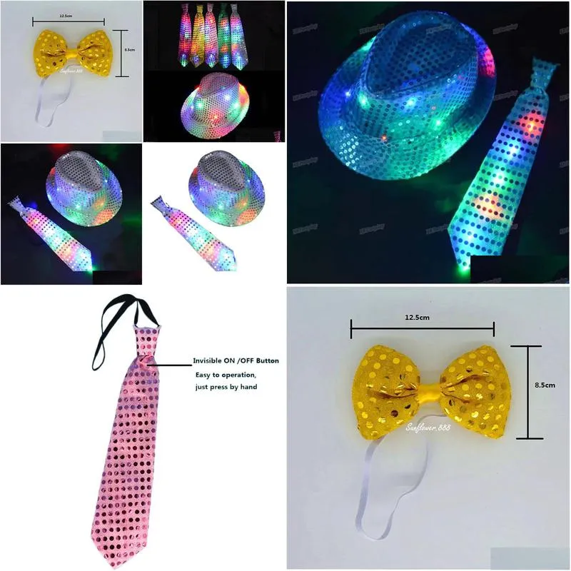 Party Hats Fashion Kids Adt Led Light Up Tie Sequin Jazz Fedora Hat Flashing Neon Party Gifts Costume Cap Birthday Wedding Carnival Dr Dhrlo