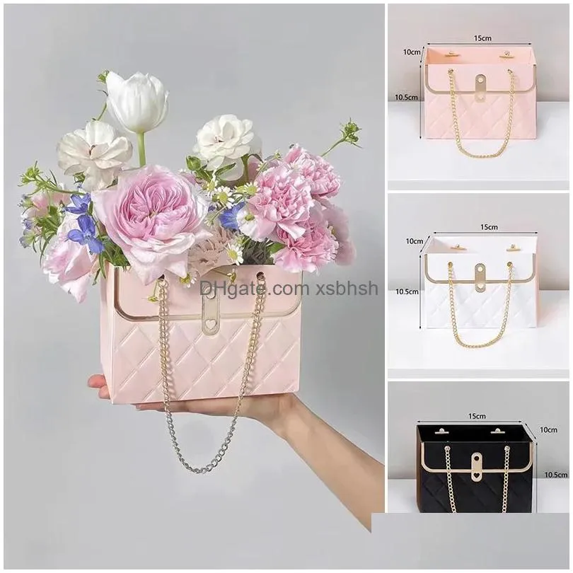 flower packaging box gift bag with chain valentines day wedding supplies flower shop rose wrapping paper bag portable flower