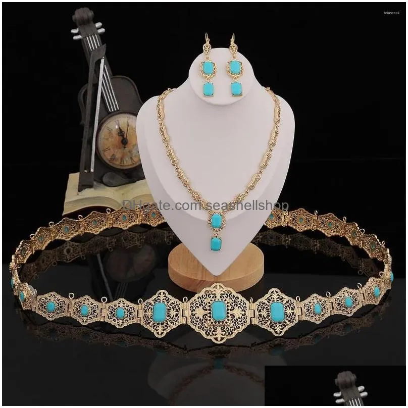 Earrings & Necklace Necklace Earrings Set Moroccan Ladies Favorite Jewelry Gold Color Metal Belt Dangle Luxury Brides Wedding Gift Bi Dh6X1