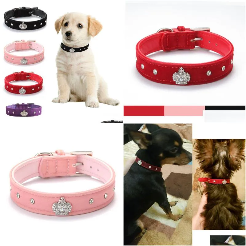 Dog Collars & Leashes Rhinestones Crown Dog Collar Soft Veet Material Adjustable Necklacepet Cat Collars With 4Colors Xs S M L Xl Drop Dh1Oe