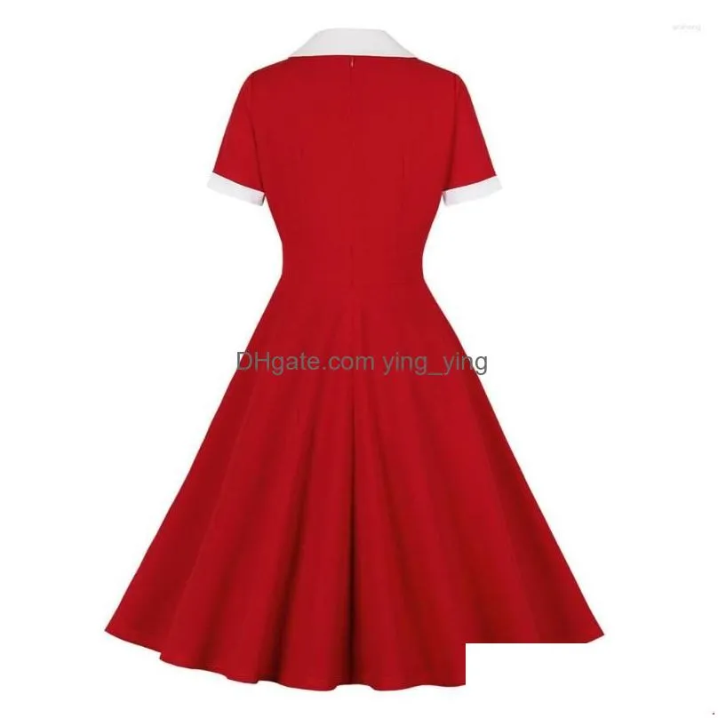party dresses women vintage solid red dress retro rockabilly v-neck cocktail 1950s 40s swing summer short sleeves