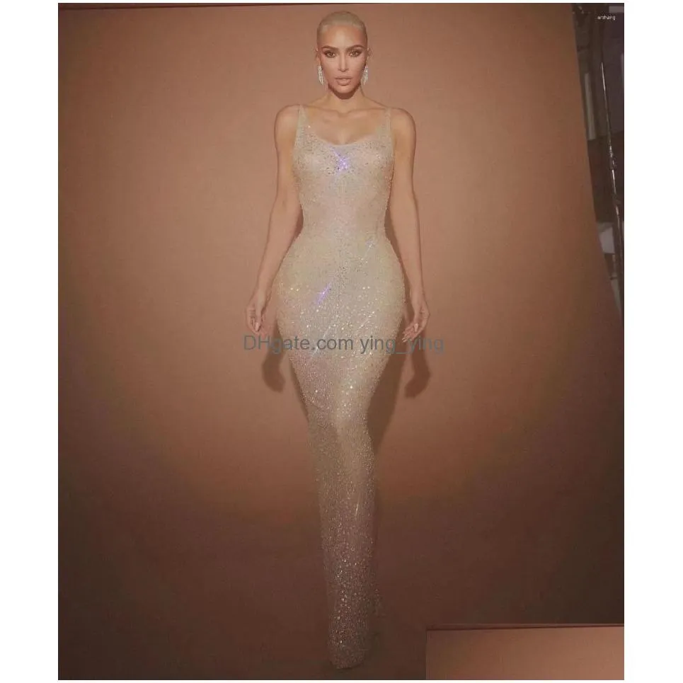 casual dresses 2023 women sleeveless sparkling diamond sexy slim backless skinny long dress elegant celebrity party