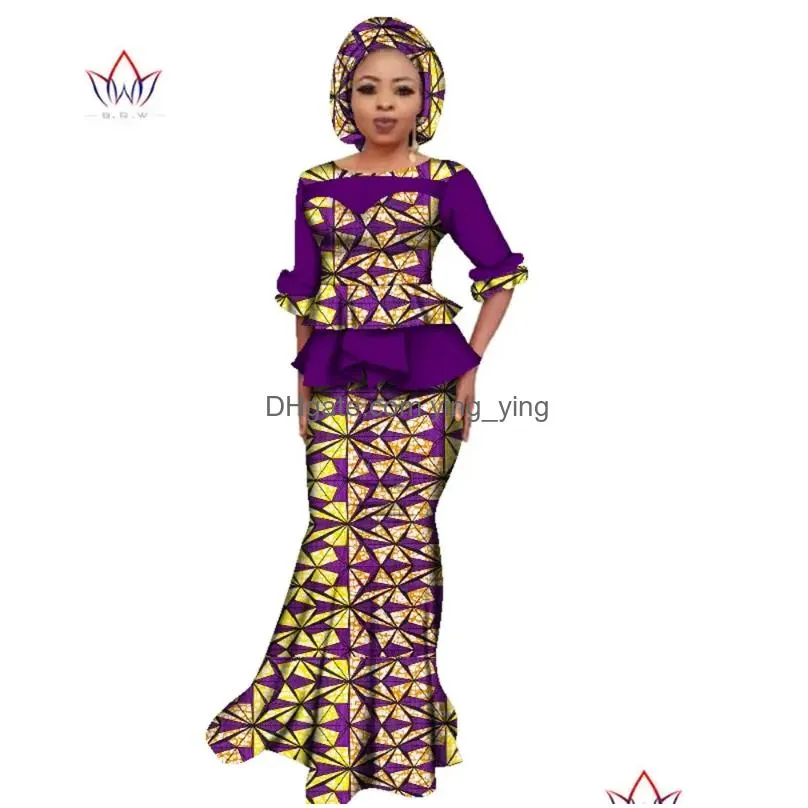 ethnic clothing plus size women two piece set short sleeve bazin riche africa style fashion skirt suit o-neck african outfits wy2394