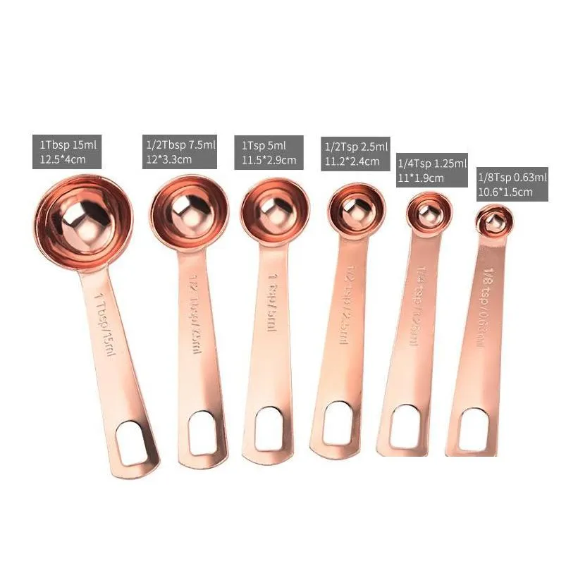 Measuring Tools Stainless Steel Copper Measuring Spoon Kitchen Baking Tools Rose Gold Measure Spoons Cup 6Pcs/Set Wjy591 Drop Delivery Dhc9R