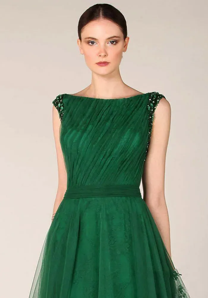 Hot Slae Emerald Green Prom Dresses Evening Gowns Bateau Neckline Cap Sleeves Tulle Appliques Flora Party Dress Formal Party Wear YD