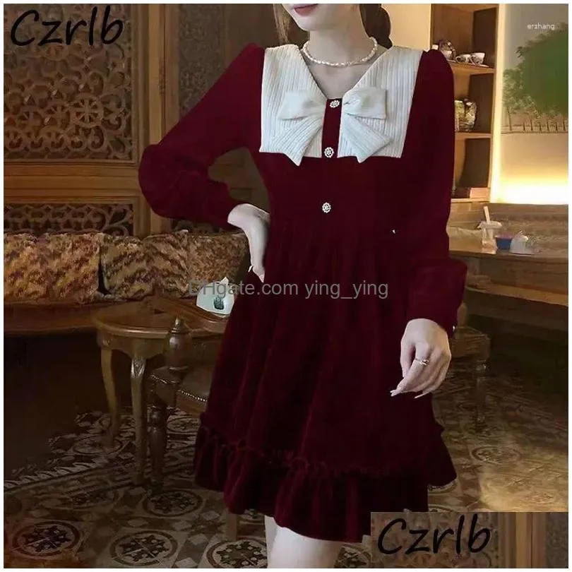 casual dresses vintage corduroy women elegant midi sweet ruffleswork bow button v-neck a-line korean style lovely harajuku