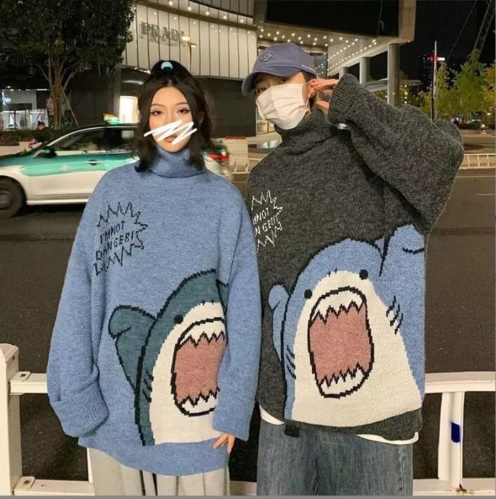 zazomde men turtlenecks shark sweater men 2023 winterwor harajuku korean style high neck oversized grey turtleneck for men