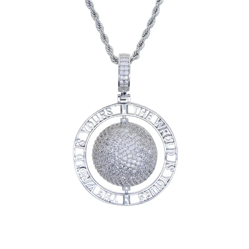 Iced out earth pendant necklace with rope chain engraved all world is yours moved ball pendants for women lady hip hop jewelry