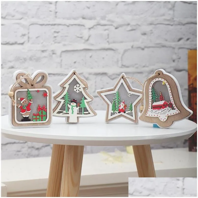 Christmas Decorations Christmas Tree Pendant Decorations Wooden Pendants Illuminated Christmas-Tree Bells Gift Packages Five-Pointed S Dhd4V