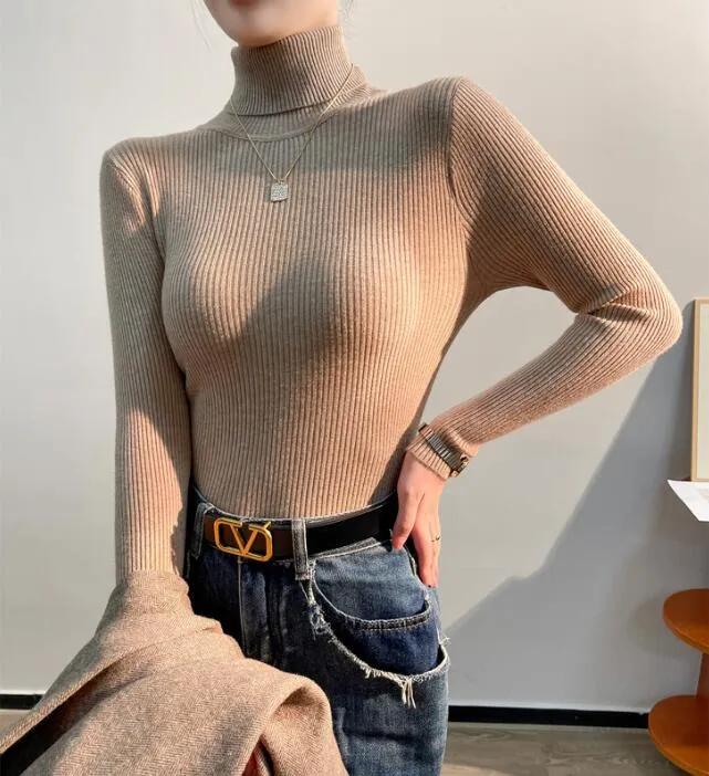 on sale winter spring women knit solid turtleneck pull sweater casual rib jumper tops female home pullover y2k clothing