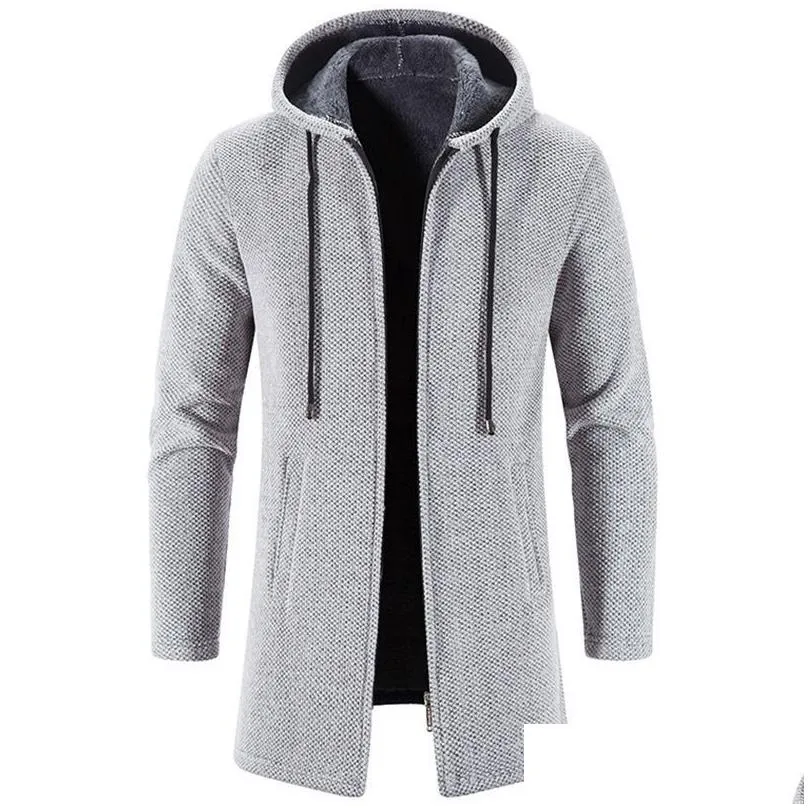 Men`S Wool & Blends Autumn Winter Warm Zipper Medium Long Cardigan Sweaters Man Casual Knitwear Sweatercoat Mens Clothes Drop Delivery Otft6