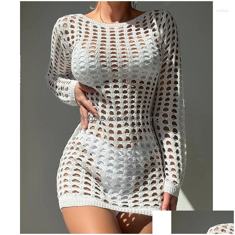 womens swimwear bohemian knitted bikini cover up hollow out sexy tops long sleeve holiday solid beach outputs