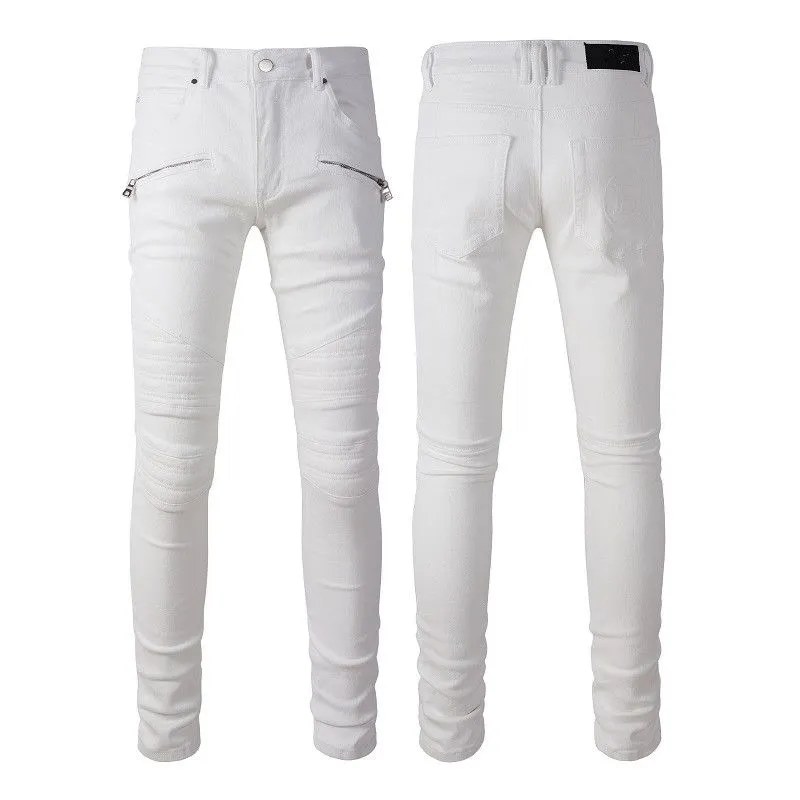 White Jeans No Rips Skinny Designer Jeans for Men Ripped Mens Pants with Holes Denim Man Straight Leg Slim Fit Zipper Hole Fashion Long Hip Hop Rock Biker Distress