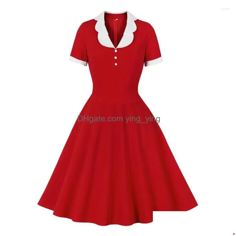 party dresses women vintage solid red dress retro rockabilly v-neck cocktail 1950s 40s swing summer short sleeves