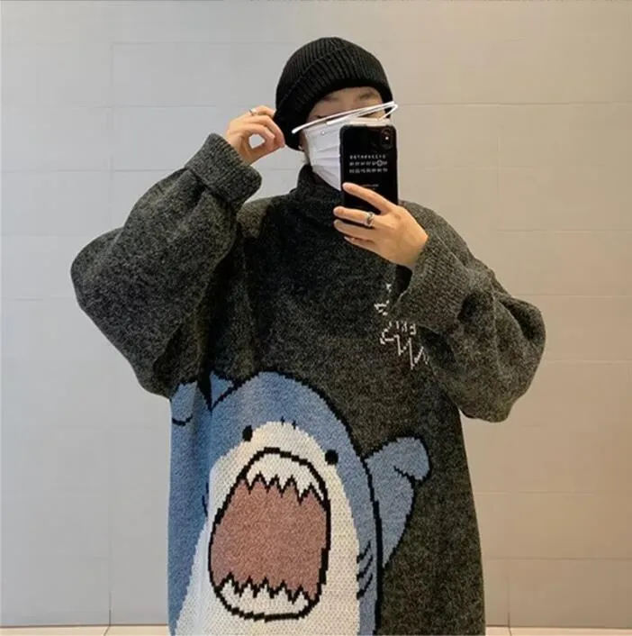 zazomde men turtlenecks shark sweater men 2023 winterwor harajuku korean style high neck oversized grey turtleneck for men