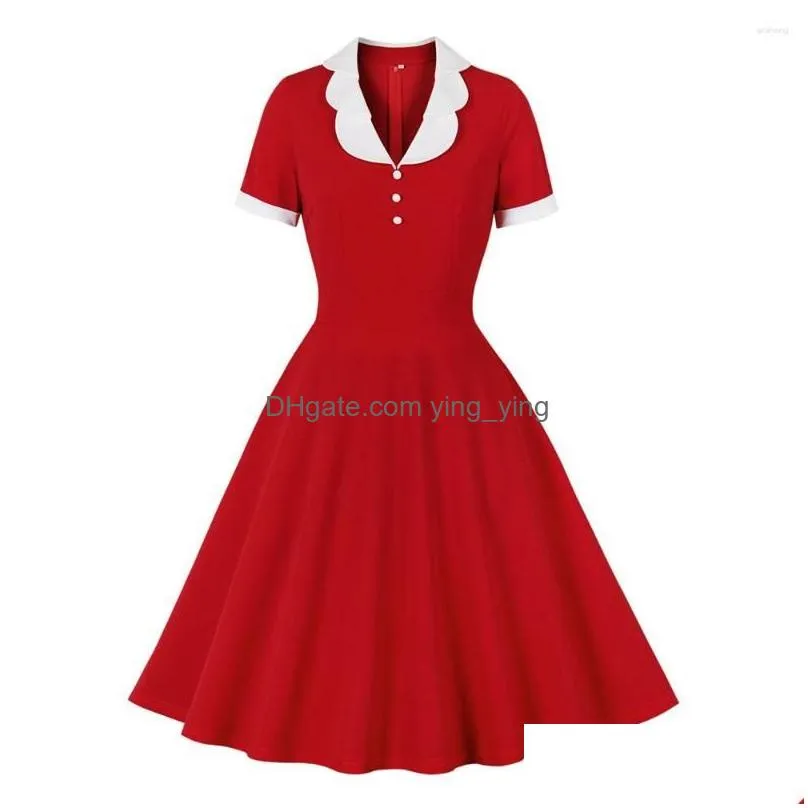 party dresses women vintage solid red dress retro rockabilly v-neck cocktail 1950s 40s swing summer short sleeves