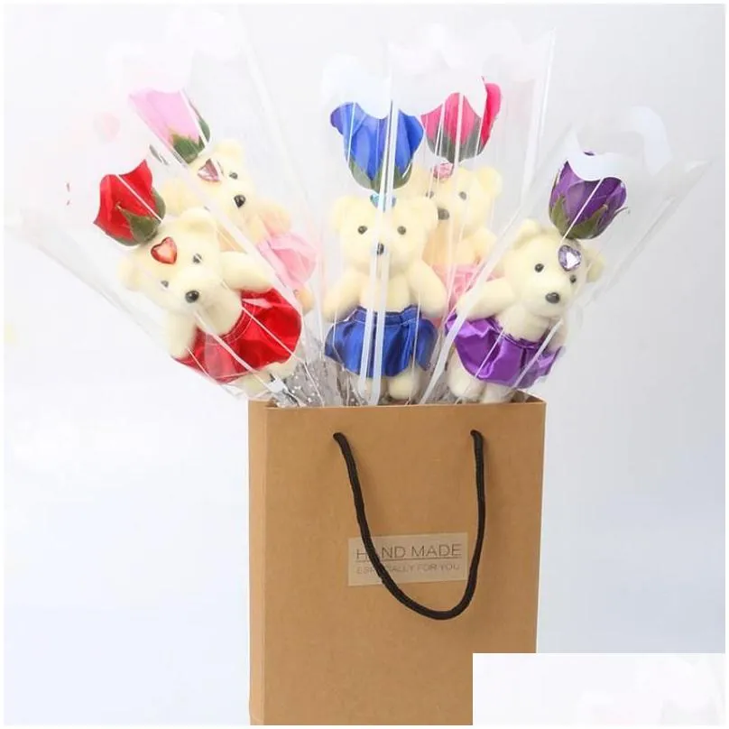 Decorative Flowers & Wreaths Single Bear Soap Flower Simation Artificial Rose For Valentines Day Party Bouquet Gift Wqwe Drop Delivery Dh0Ti