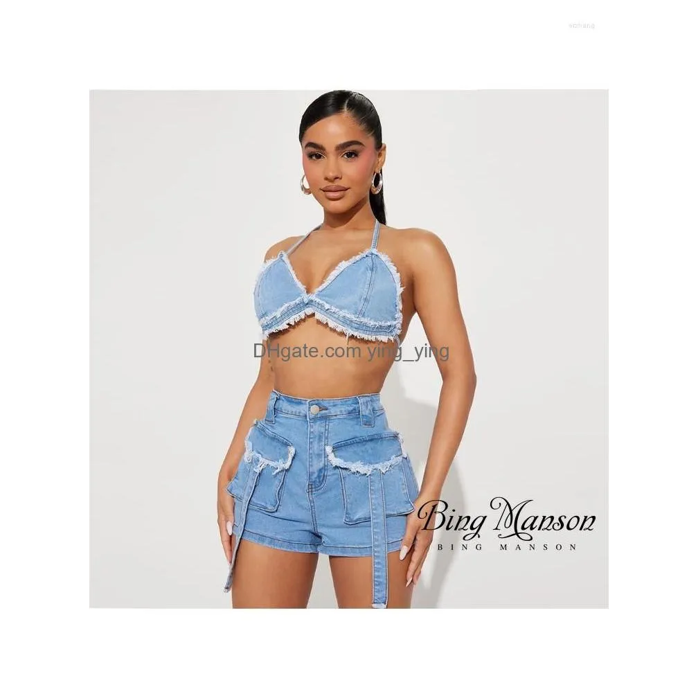 womens shorts summer fashion two piece set denim lace up cut top and tassel pocket cargo sexy club street apparel