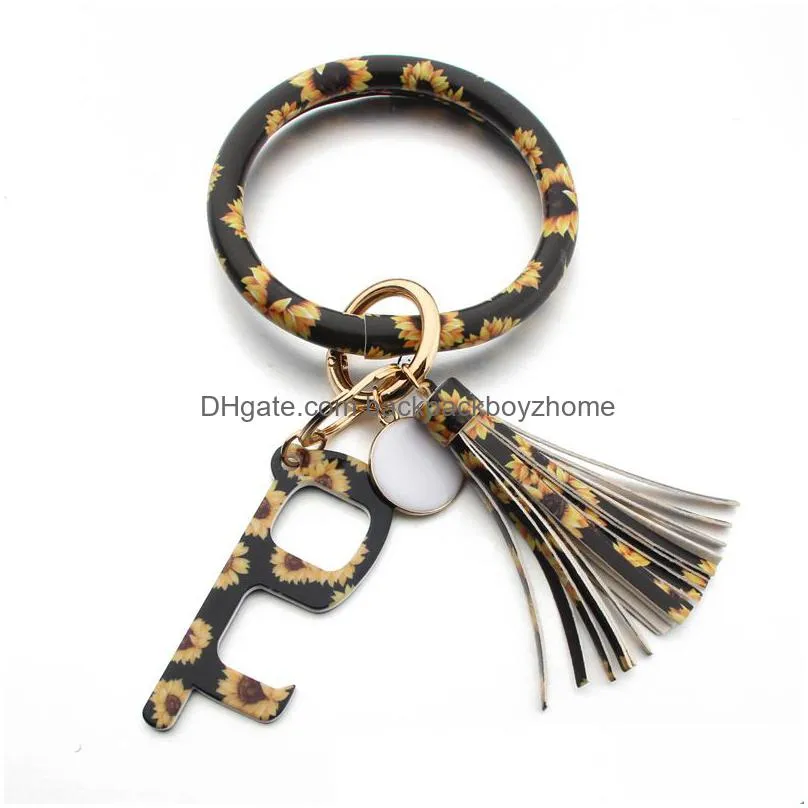 Arts And Crafts Pu Leather Keychain Door Opener Fashion Printing Bracelet Keyring Anti Contact Press Elevator Drop Delivery Home Garde Dhtyz