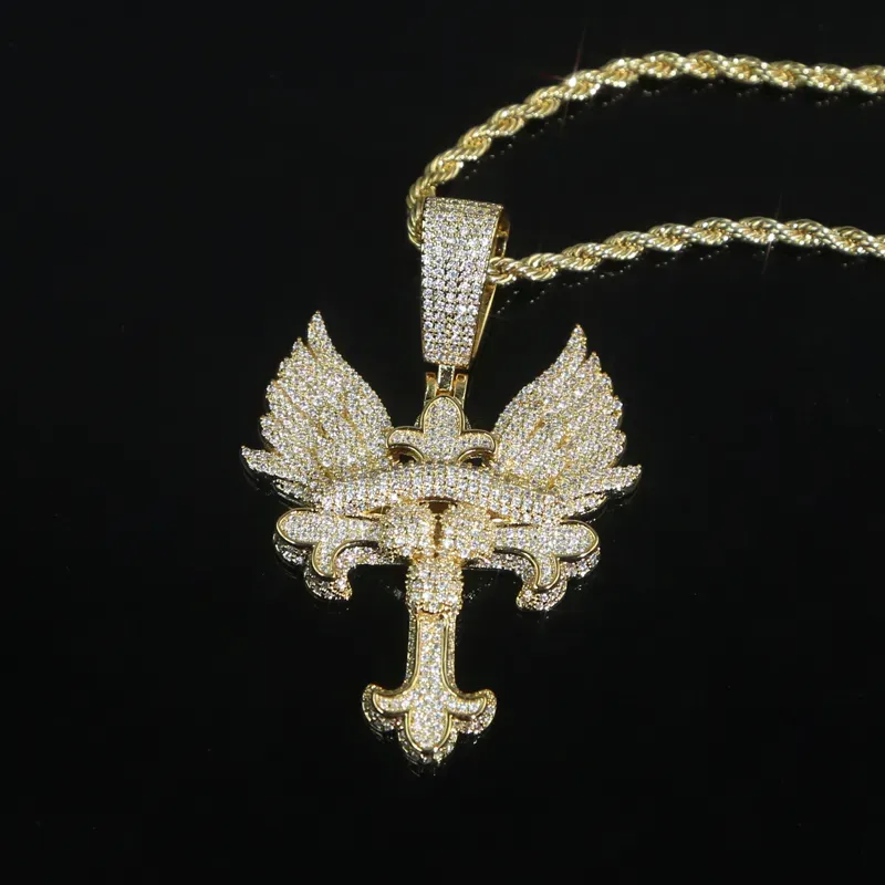 New punk wing pendant necklace plated gold silver color for women men angle wings charm with rope chain cz tennis chains necklaces hip hop