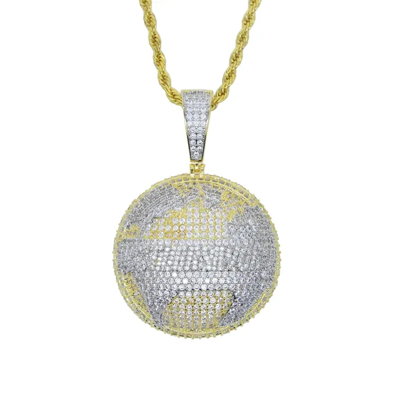 Hip Hop Round Shaped Map Pendant Necklace with Rope Chain Bling Cubic Zirconia Paved Fashion Charm Men Women Jewelry