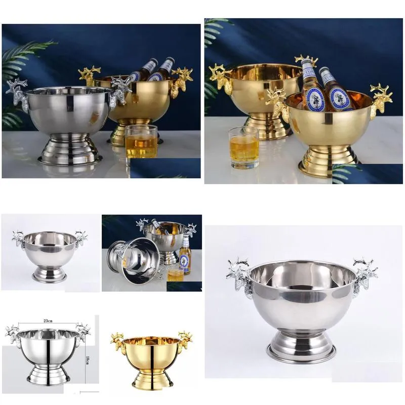 Ice Buckets And Coolers Stock 304 Stainless Steel Deer Head Ear Cooler Gold Sier Champagne Ice Bucket Ic Drop Delivery Home Garden Kit Dhvfh