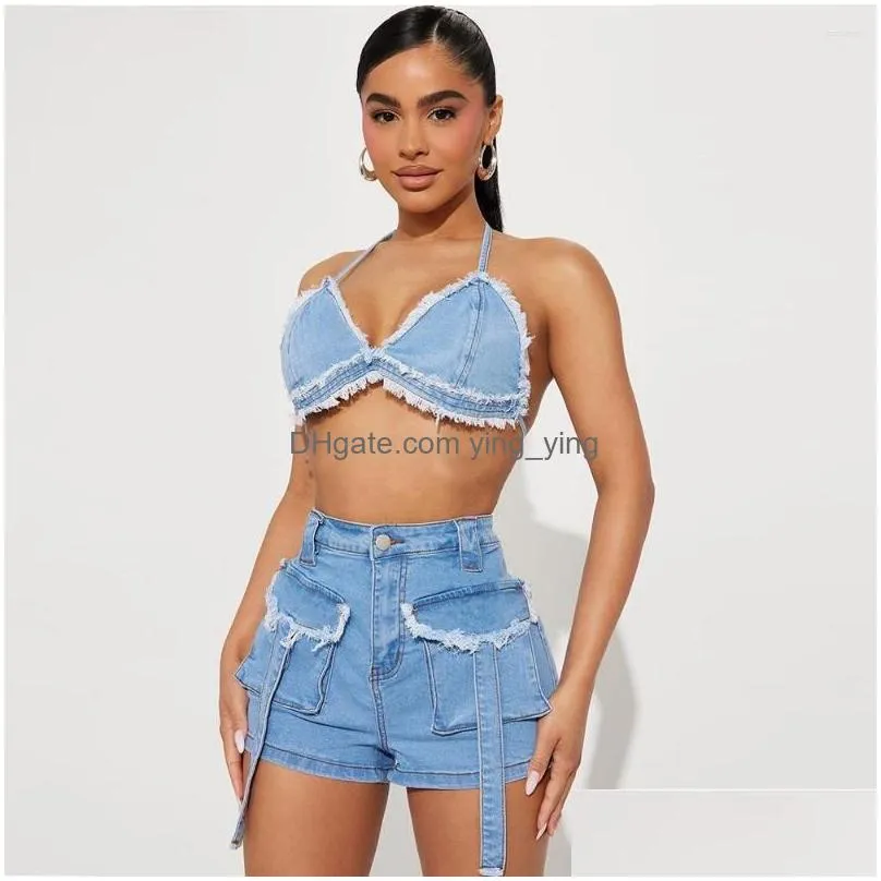 womens shorts summer fashion two piece set denim lace up cut top and tassel pocket cargo sexy club street apparel