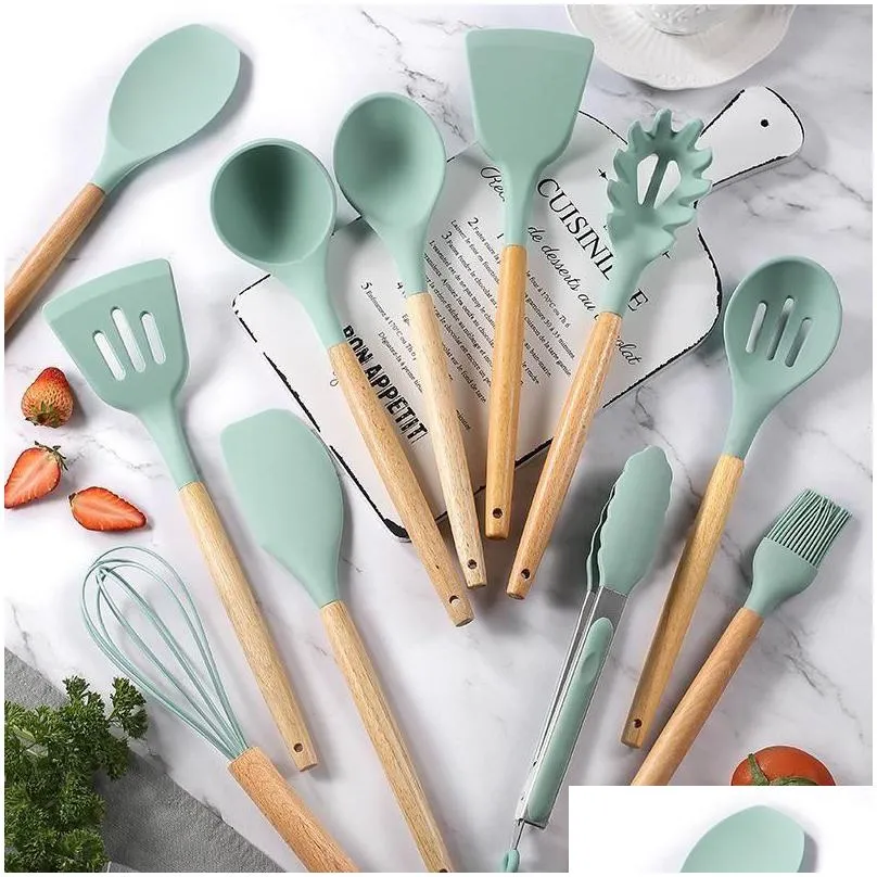 Cooking Utensils Sile Kitchen Utensil Set 12 Pieces Cooking With Wooden Handles Holder For Nonstick Cookware Spoon Soup Ladle Slotted Dhij8