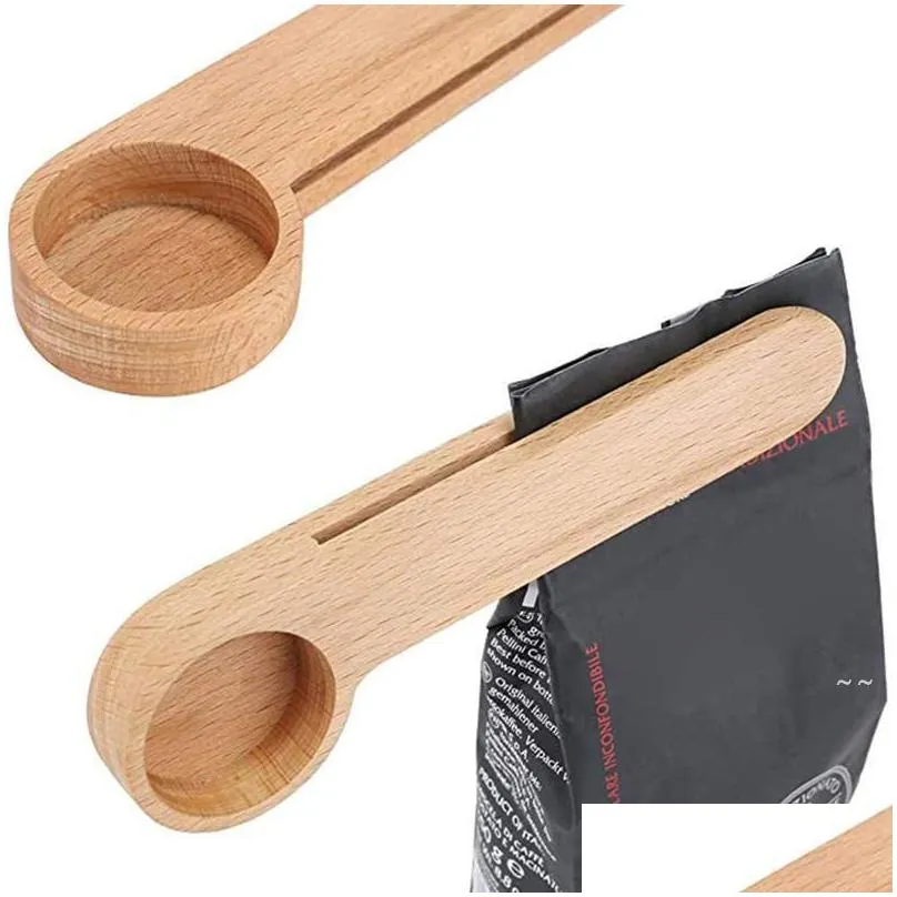 Coffee Scoops Orders Design Wooden Coffee Scoop With Bag Clip Tablespoon Solid Beech Wood Measuring Tea Bean Spoons Clips Gift Who Dro Dhhu0