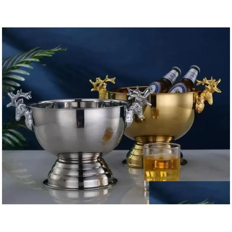 Ice Buckets And Coolers Stock 304 Stainless Steel Deer Head Ear Cooler Gold Sier Champagne Ice Bucket Ic Drop Delivery Home Garden Kit Dhvfh